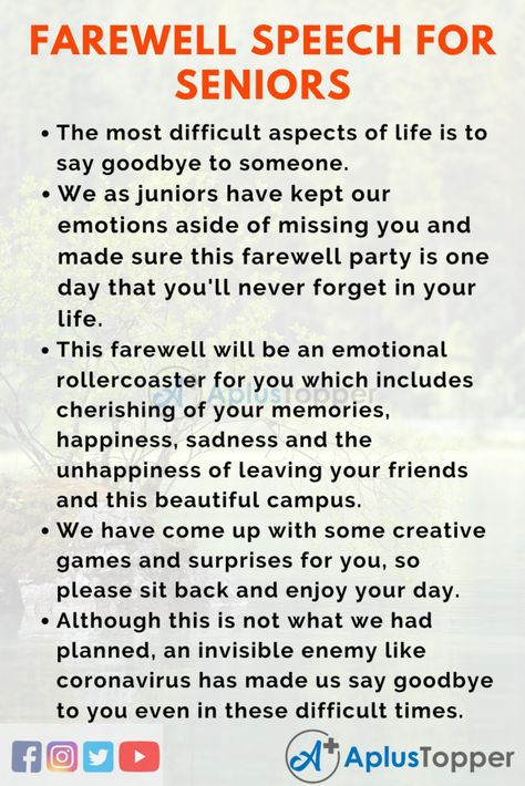 Farewell Speech for Seniors | Best Farewell Speech for Students and Children in English - A Plus Topper Fare Well Party Ideas, College Farewell Quotes For Seniors, Farewell Games Ideas For Seniors, Farewell Wishes For Seniors, Farewell For Seniors, Farewell Card Ideas Handmade For Seniors, Farewell Speech For Seniors, Games For Farewell Party, School Farewell Theme Ideas