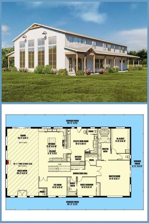 House With Wraparound Porch, Barndominium Floor Plans 2 Story, 6 Bedroom Barndominium Floor Plans, 6 Bedroom Barndominium, Porch Floor Plan, Barndominium Home, Barndominium House, Wraparound Porch, Porch Floor