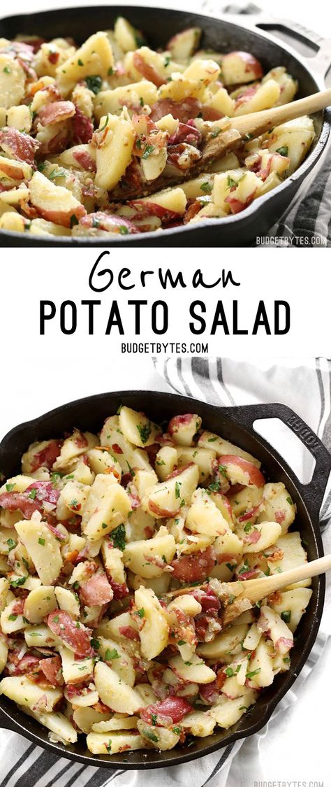 German Potato Salad is coated in a tangy bacon vinaigrette and is the perfect side for all your summer grilling. @budgetbytes Hot German Potato Salad, Warm German Potato Salad, Potato Salad With Bacon, Bacon Vinaigrette, German Potato Salad Recipe, German Food Authentic, Homemade Vinaigrette, Bacon Potato Salad, German Potato