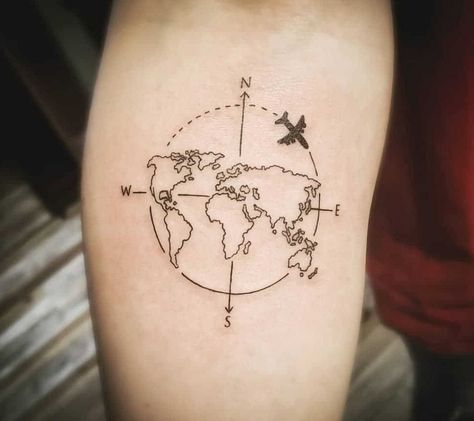 Map tattoos are perfect for guys who love an adventure! Do you like to travel? Travelers love to get inked from time to time… #legtattoos #tattoosformen Small World Tattoo, World Globe Tattoos, World Travel Tattoos, World Map Tattoo, Compass And Map Tattoo, Tattoos Cross, World Map Tattoos, Travel Tattoo Small, Globe Tattoos