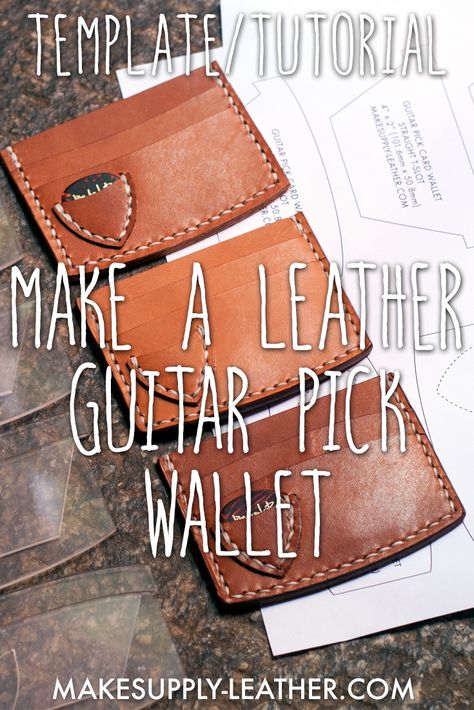 Want to make a hand-stitched guitar pick leather wallet? Check out our free downloadable PDF template with full HD video build along tutorial! Diy Leather Wallet Pattern, Leather Card Wallet Pattern, Wallet Pattern Free, Card Wallet Pattern, Leather Purse Pattern, Diy Leather Wallet, Leather Working Patterns, Diy Leather Projects, Leather Tooling Patterns