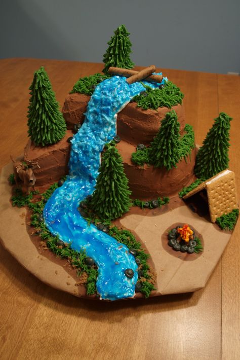 Outdoors Cake, Camping Cake Ideas, Camping Theme Cakes, Hunting Birthday Cakes, Boy Scout Cake, Waterfall Cake, Camping Cake, Mason Jar Cakes, Nature Cake