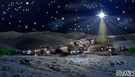 Bethlehem Jesus Born Christmas Bethlehem, Jesus Born Christmas, Christmas Stage Decorations, Animated Christmas Pictures, Star Gif, Angel Clouds, Christmas Stage, Night Skyline, Stage Decorations