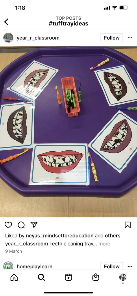 Brushing Teeth Tuff Tray, Pre K Table Activities, Doctors Tuff Tray, Cleaning Teeth Activities Eyfs, Healthy Living Eyfs Activities, Human Body Tuff Tray Ideas, Human Body Tuff Tray, Dentist Tuff Tray, Teeth Sensory Bin