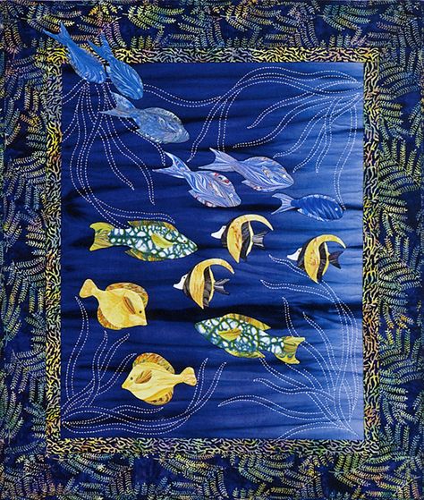 Sea Grass & Fish by Sylvia Pippen Japanese Quilt Patterns, Ocean Quilt, Fish Quilt, Beach Quilt, Sea Quilt, Sashiko Pattern, Japanese Quilts, Hawaiian Quilts, Sashiko Embroidery