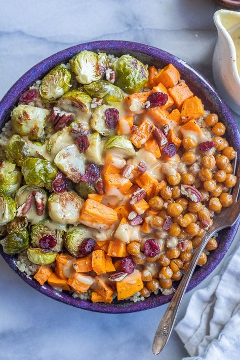 These Roasted Brussels Sprout Bowls with Creamy Honey Mustard are hearty, cozy and filling!  They're packed with veggies and protein and perfect for dinner or a healthy meal prep lunch.  Serve with quinoa, or another grain of choice, and top with crispy toasted pecans and dried cranberries. #buddahbowlrecipe #veganfood #vegetarian #mealprep #healthydinner Healthy Meal Prep Lunch, Creamy Honey Mustard, Sprouting Sweet Potatoes, Creamy Honey, Meal Prep Lunch, Prep Lunch, Shredded Brussel Sprouts, Healthy Lunch Meal Prep, Brussels Sprout