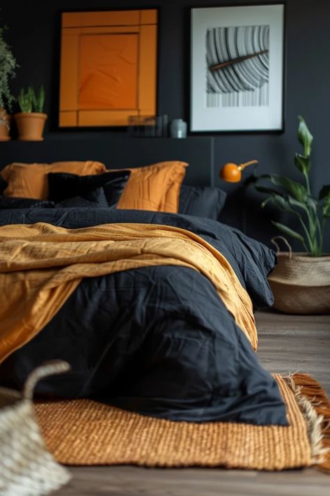 Explore stylish bedroom ideas featuring elegant black comforters. Get inspired to redesign your space elegantly with smart tips! Dark Comforter Bedroom, Black Bed Spread, Black Comforter Bedroom Ideas, Black And Orange Bedroom, Black Comforter Bedroom, Comforter Bedroom Ideas, Comforter Ideas, Chic Bedroom Ideas, Modern Bedroom Ideas