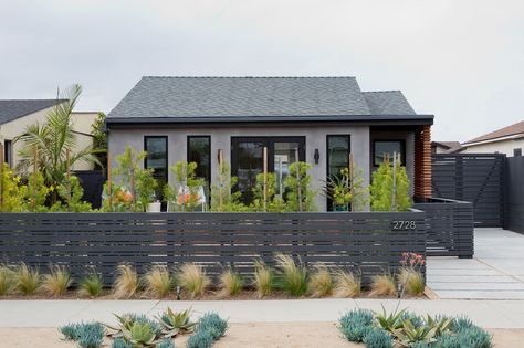 Front Facade - View From Street Decomposed Granite Patio, Patio Railing, Ranch House Exterior, Front Facade, Stucco Homes, Front Yard Fence, Exterior Makeover, Exterior Remodel, House With Porch