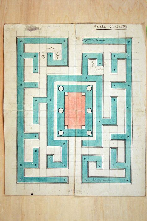 Designer Paul Rodocanachi's 1926 maze-garden plan for Villa Foscari (aka La Malcontenta), the stunning Palladian farm house that was owned by his lover Alberto Landsberg. The maze, which exists today, was made of low-growing perennial plants rather than tall hedges. Maze Garden Design, Flower Maze Garden, Garden Maze Design, Acnh Hedge Maze, Labyrinth Garden Design, Labyrinth Landscape, Maze Plan, Maze Garden, Labyrinth Garden