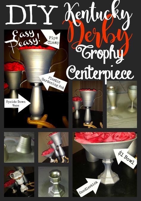 Easy and cheap DIY trophy centerpieces! This makes great Kentucky Derby Decor for your party! Kentucky Derby Party Decorations Ideas Table Settings, Derby Party Centerpieces, Kentucky Derby Decorations Diy, Derby Centerpiece Ideas, Kentucky Derby Centerpiece Ideas, Kentucky Derby Party Centerpieces, Kentucky Derby Hats Diy Ideas, Kentucky Derby Centerpieces, Kentucky Derby Diy