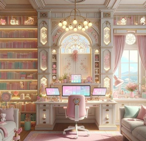 Girly Home Library, Pink Library Room, Princess Office, Cool Mansions, Apartment Ideas Living Room, Living Room 2024, Fantasy Rooms, Dream House Rooms, Ideas Living Room