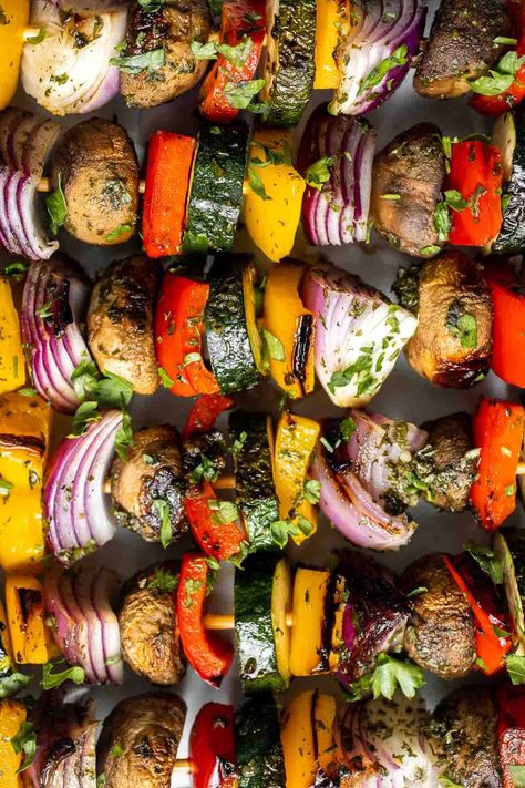 Grilled Vegetable Skewers - Ahead of Thyme Veggies On Grill, Vegetable Marinade, Grilled Vegetable Skewers, Veggie Kabobs, Vegetable Skewers, Veggie Skewers, Summer Vegetables, Skewers Grill, Summer Side Dishes