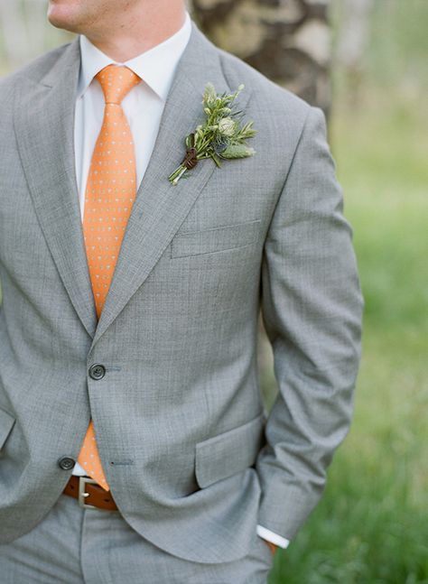 Grey Suit Rust Tie Wedding, Orange Groomsmen Attire, Gray Suit With Orange Tie, Grey Suit With Burnt Orange Tie, Suit With Orange Tie, Grey Suit Orange Tie, Orange And Gray Wedding Theme, Orange Grey Wedding, Tangerine Wedding