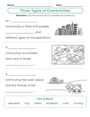 Challenge your students to demonstrate their understanding of rural, urban, and suburban communities with this vocabulary worksheet. Social Studies Communities, Spanish Sayings, Third Grade Worksheets, Teaching Culture, Communities Unit, Types Of Communities, Third Grade Social Studies, Vocabulary Strategies, Social Studies Projects