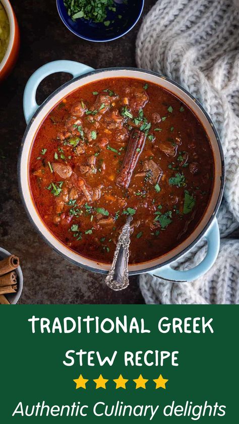 Kokinisto Beef Stew: Authentic Greek recipe with tomatoes and beef, perfect for cozy nights in. #GreekCuisine #BeefStew #HomemadeFood Greek Pork Stew Recipes, Kokkinisto Beef, Kokinisto Beef, Greek Beef Stew Recipe, Christmas Stew, Greek Stew, Mediterranean Beef Stew, Greek Beef Stew, Beef Stew Dinner