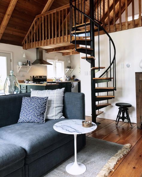 Modern Lake House Living Room, Mountain Apartment, Attic Inspiration, Modern Lake House, Spiral Staircase, Mountain House, Vaulted Ceiling, Small House, Lake House