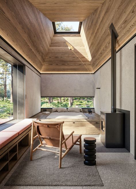 Bedroom Skylight, Eco Design Interior, Hotel Bedroom Design, Eco Cabin, Interior Cladding, Prefab Cabins, House Extension Design, Hotel Interior Design, Hotel Boutique