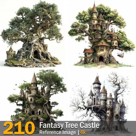 Fantasy Tree Castle | Reference Images | 4K,  on ArtStation at https://www.artstation.com/artwork/DLknEE Fantasy Castle Concept Art, Intertwined Trees, Castle Reference, Tree Castle, Fantasy Artwork Landscape, Creepy Tree, Haunted Tree, Ocean Plants, Hanging Rock