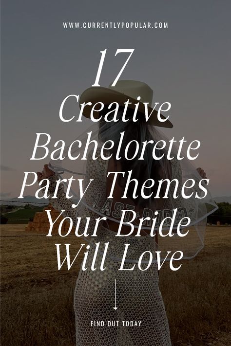 Struggling to find the perfect theme for your bachelorette party? These 17 creative and stylish ideas will help you plan the ultimate party for your bride-to-be. Don’t settle for basic—steal these themes for an unforgettable weekend. Unusual Bachelorette Party Ideas, Wine Tour Bachelorette Party Outfit, 2nd Marriage Bachelorette Party, Bridal Shower Bachelorette Party Combo, Bachelorette Party Halloween Theme, Bachelorette Theme Night, Themed Bachelorette Party Ideas Creative, Christian Bachelorette Party Ideas, Bridal Party Themes