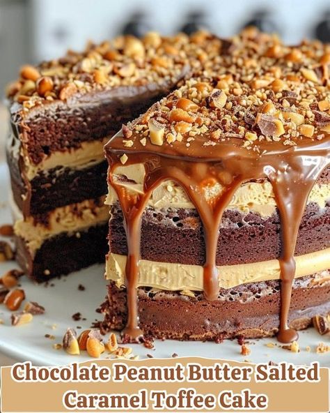 Chocolate Peanut Butter Salted Caramel Toffee Cake, Caramel Toffee Cake, Salted Caramel Toffee, Caramel Chocolate Cake, Caramel Cake Recipe, Toffee Cake, Caramel Toffee, Ice Cake, Fun Baking