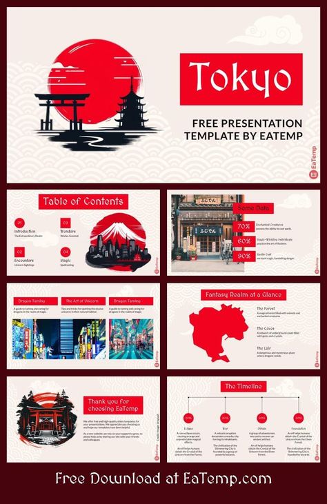 This Tokyo PowerPoint Presentation Template & Google Slides Theme is your visual passport to the vibrant capital of Japan. From efficient trains to serene parks, ancient temples, and delectable cuisine—capture the essence of Tokyo and share your passion with impactful visuals.  
.#CanvaTemplates #SocialMediaDesign #InstagramIdeas #PinterestTemplates #CreativeCanva Japan Presentation, Free Business Logo, Best Presentation Templates, About Me Template, Canva Instagram Templates, Slide Deck, Tokyo City, Google Slides Theme, Quote Template