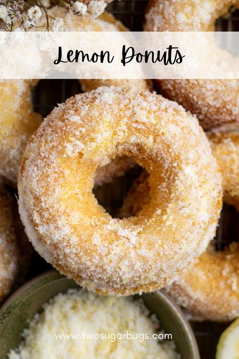 Lemon donuts are soft cake donuts that are baked, not fried. Topped with a lemon sugar, they are full of lemon flavor! Donut Recipe Fried, Breakfast Spread, Lemon Treats, Soft Cake, Fried Donuts, Baking Items, Lemon Sugar, Lemon Flavor, Homemade Donuts