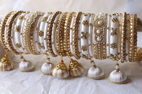 Bangles Set Indian, Pearl Bangles, Handmade Wedding Jewellery, Thread Bangles Design, Bracelet Fil, Silk Thread Jewelry, Silk Thread Bangles, Bangles Set, Thread Bangles