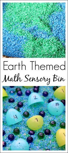 Earth themed math sensory bin - great for teaching kindergarten and preschool math skills in a hands-on way Math Sensory Bin, Earth Day Math, April Preschool, Earth Week, Earth Day Crafts, Earth Day Activities, Spring Preschool, Pre K Activities, Preschool Lesson Plans