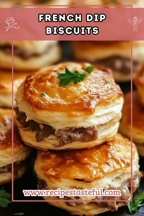 Enjoy the delicious flavors of a classic French dip sandwich wrapped in buttery biscuits. These French Dip Biscuits are easy to prepare and perfect for a quick and satisfying meal that will please the whole family. Au Jus Gravy, Biscuit Sandwich, Flaky Biscuits, French Dip Sandwich, Biscuit Bake, Buttery Biscuits, Biscuits Recipe, French Dip, Provolone Cheese