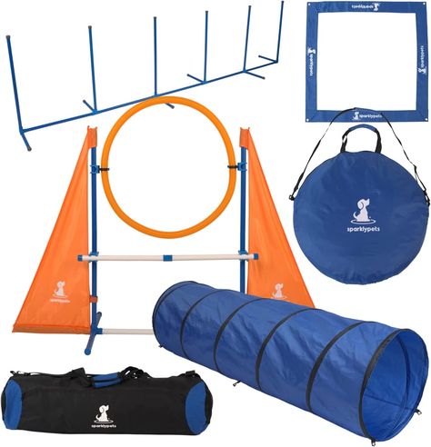 SparklyPets Dog Agility Training Equipment Set for Indoor & Outdoor – Complete Dog Agility Equipment for Dogs – Dog Agility Course with Weave Poles, Pause Box, Tunnel, Tire & Hurdle Jump (Orange&Blue) Dog Agility Equipment, Dog Agility Training, Obstacle Course Training, Dog Agility Course, Stronger Relationship, Meds For Dogs, Dog Match, Dog Equipment, Agility Training For Dogs