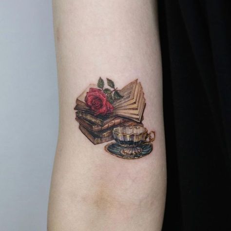 Literature Tattoos, Belle Tattoo, Beauty And The Beast Tattoo, Cousin Tattoos, Sacred Heart Tattoos, Bookish Tattoos, Rose Tattoos For Men, Birthday Tattoo, Wicked Tattoos