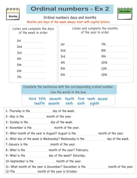 Ordinal Numbers Worksheets Grade 2, Ordinal Numbers Worksheets For Grade 1, Days And Months Worksheets, Ordinal Numbers Activities, Month Worksheet, Ordinal Numbers Worksheets, Draw Boy, Number Spelling, Worksheet For Class 2