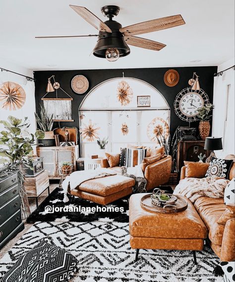 Dark Boho Apartment Living Room, Grey And Rust Living Room Decor, Black And White Boho Living Room, Black And Rust Bedroom, All Black Living Room, Boho Western Living Room, Rust Bedroom, White Boho Living Room, Fall Baking Ideas