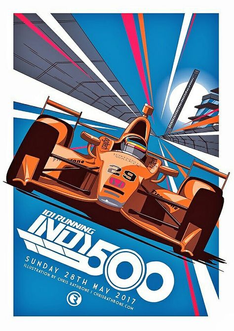 Alonso / McLaren 2017 Indy 500 poster by Chris Rathbone.  Be sure to check out Chris's artworks @R4THBONE on Twitter or CHRISRATHBONE.COM ! #McLarenIndy Auto Racing Posters, Vintage Racing Poster, Motorsport Art, Car House, Car Game, Car Guide, F1 Car, F1 Poster, Automotive Artwork