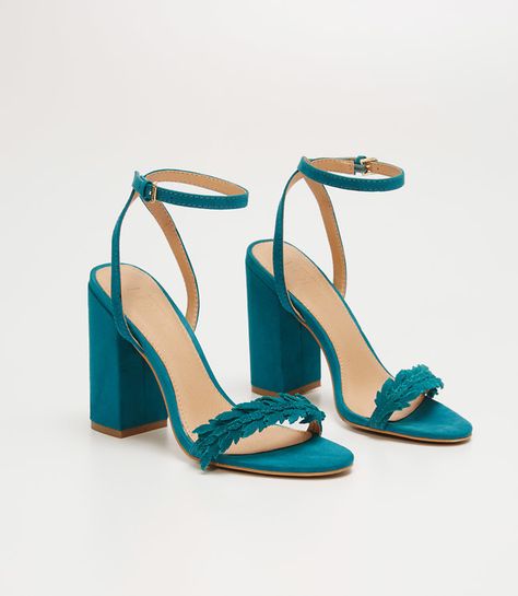 Love these Leafed Block Heel Sandals. Come in black and teal. Teal High Heels, Teal Sandals, Vans Shoes Women, Teal Heels, Loft Shoes, Black Strappy Heels, Block Heel Sandals, Prom Shoes, Heel Sandal