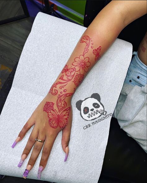 Pretty Red Tattoos For Women, Red Tattoos For Women Brown Skin, Forearm Tats For Women, Baddie Hand Tattoos, Baddie Arm Tattoos, Pink Tattoo Ink, Baddie Tattoos, Ink Tattoo Design, Red Tattoo Ideas