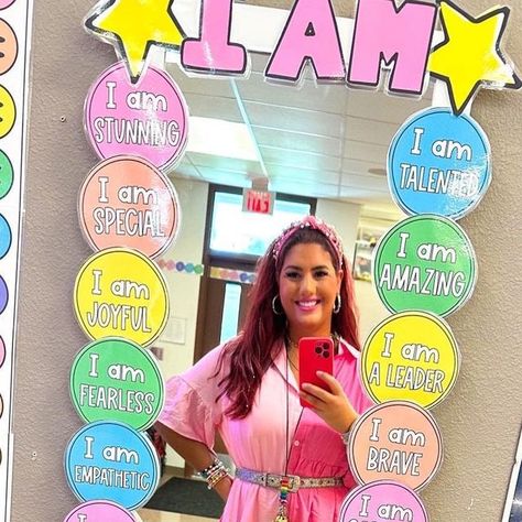 Megan Nelson | Classroom Decor on Instagram: "🩷Embracing positivity in the classroom! 🩷 @keepingupwithmisscosides is using my Bright and Simple collection to help spread good vibes amongst her students with her affirmation station. Such a great way to promote self-love and confidence! Find the link in my bio and stories to this bundle! #affirmationstation #positiveclassroom #classroomdecor #brightandsimple #confettiandcreativity #classroomideas" Affirmation Station Preschool, Kindergarten Affirmation Station, Affirmation Mirror Classroom, Positive Affirmation Mirror Classroom, Affirmation Station, Affirmation Station Classroom, Affirmation Station Classroom Mirror, I Am Special, Classroom Rules Poster