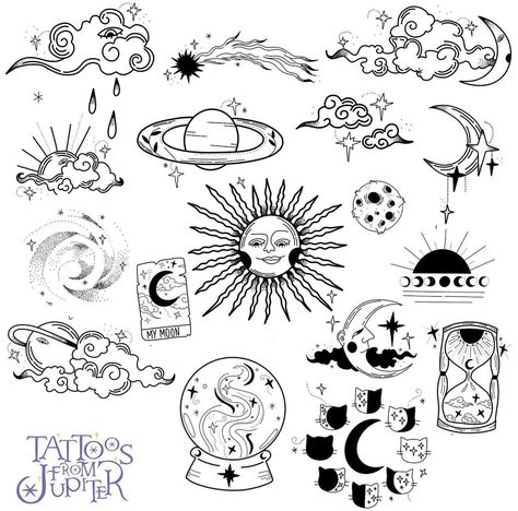 90s Celestial Tattoo, Space Flash Art, Planet Flash Tattoo, Trippy Flash Tattoo, Spiritual Tattoo Flash Sheet, Trippy Tattoo Flash Sheet, Easy Tattoos To Draw, Retro Tattoos, Sharpie Tattoos