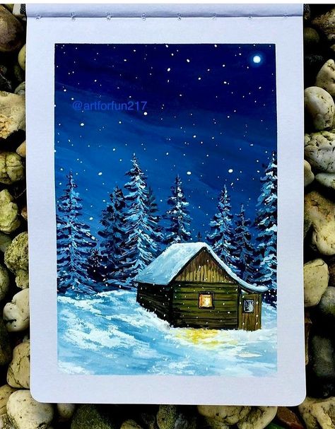 Landscape Winter Painting, Guache Winter Painting, Gouche Christmas Painting, Guache Christmas Painting, December Painting Ideas, Snow Drawing Winter, Christmas House Painting, Winter Paintings On Canvas Acrylics, 4x4 Paintings