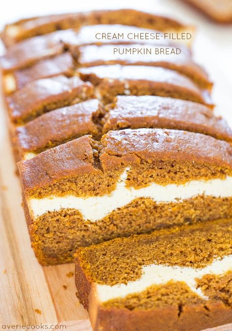 Cream Cheese-Filled Pumpkin Bread - Averie Cooks Bread Boutique, Doughnut Bar, Bread Tips, Pumpkin Bread With Cream Cheese, Pumpkin Cream Cheese Bread, Best Pumpkin Bread Recipe, Bread With Cream Cheese, Dessert Breads, Pane Dolce