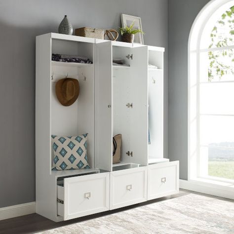 Crosley Furniture Harper White Pantry Closet And 2 Hall Tree Set, 3 Piece Kf31011wh | Bellacor Small Storage Baskets, White Pantry, Entryway Hall Tree, Hall Trees, Mudroom Organization, Small Storage Basket, Removable Shelves, Wood Storage Bench, Pantry Closet