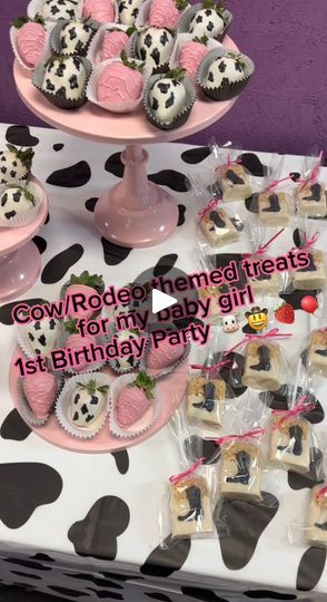 1.2K views · 35 reactions | Cow/rodeo themed treats chocolate covered strawberries, rice krispies for my baby girl 1st Birthday Party 🍓🐮🎈🤠 #saborfresa #chocolatecoveredstrawberries #chocolatecoveredtreats #chocolatecoveredricekrispies #cowthemeparty #cowthemetreats #rodeotreats #ghirardellichocolate #colourmill #girlmama #1stbirthdaydecoration #centertabledecor #diyproject #rodeocenterpiece #explore #DIY #2024 #primercumpleaños | Ale Picazo | Jhené Aiko · Stay Ready (What A Life) My First Rodeo Birthday Girl Food, Rodeo Themed Food, Rodeo Birthday Food, Cow Treats, Cowgirl Party Food, Rodeo Birthday Parties, Jhené Aiko, Themed Treats, What A Life