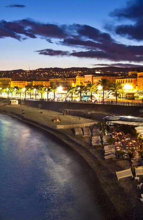 The beach and the waterfront of Nice at night | France #france #nice France Nice, Best Vacation Spots, Romantic City, Usa Art, Nice France, Travel Packages, Spain Travel, Best Cities, Best Vacations