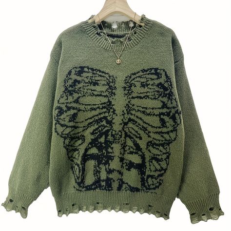 Gothic Sweater, Goth Sweater, Plus Size Gothic, Transition Goals, Plus Size Goth, Skeleton Pattern, Plus Size Pullover, Distressed Sweaters, Casual Sweater