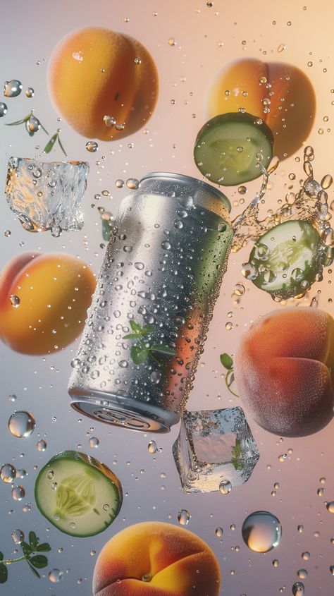 #SilverCan #PeachAndCucumber #HyperRealistic #AbstractSpace #50mmLens #Canon1dxCamera #9:16AspectRatio #TheCandie Travel Banner, Sliced Peaches, Inspirational Digital Art, Mobile App Design Inspiration, Digital Painting Techniques, Product Shoot, App Design Inspiration, Ashtanga Yoga, Collage Design