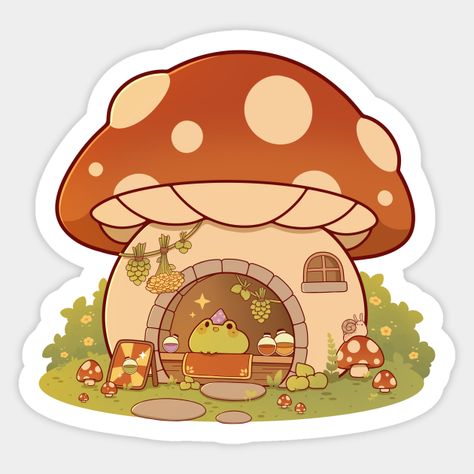 Little frog wizard in a mushroom potion house! -- Choose from our vast selection of stickers to match with your favorite design to make the perfect customized sticker/decal. Perfect to put on water bottles, laptops, hard hats, and car windows. Everything from favorite TV show stickers to funny stickers. For men, women, boys, and girls. Dinasour With Mushroom Hat, Cute Diy Sticker Ideas, Mushroom House Art, Mushroom Potion, Whimsical Stickers, Character Doodles, Potion Shop, Frog Wizard, Cardigan Ideas