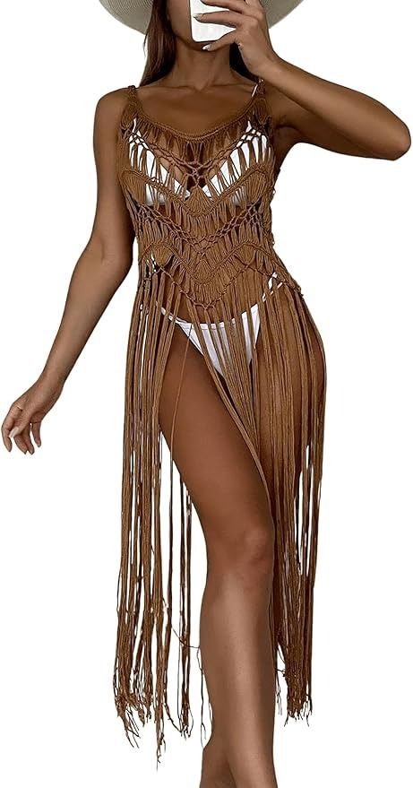 Floerns Women's Sleeveless Beachwear Swimwear Fringe Trim Crochet Kimono Cover Up Mocha Brown One-Size at Amazon Women’s Clothing store Cover Up Swimwear, Dress Swimsuit, Crochet Kimono, Beachwear Swimwear, Crochet Cover, Crochet Swimwear, Summer Beach Dress, Crochet Cover Up, Swimwear Beach