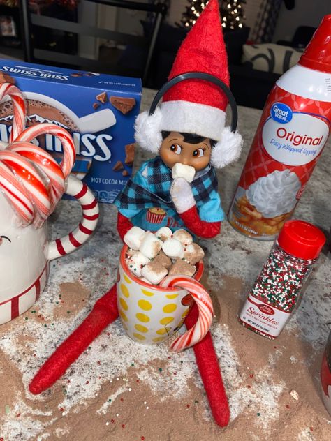 Elf Hot Cocoa Ideas, Elf On The Shelf Hot Cocoa Ideas, Hot Cocoa Elf On The Shelf, Hot Cocoa Ideas, Elf On Shelf, Elf Fun, Shelf Ideas, On The Shelf, The Elf