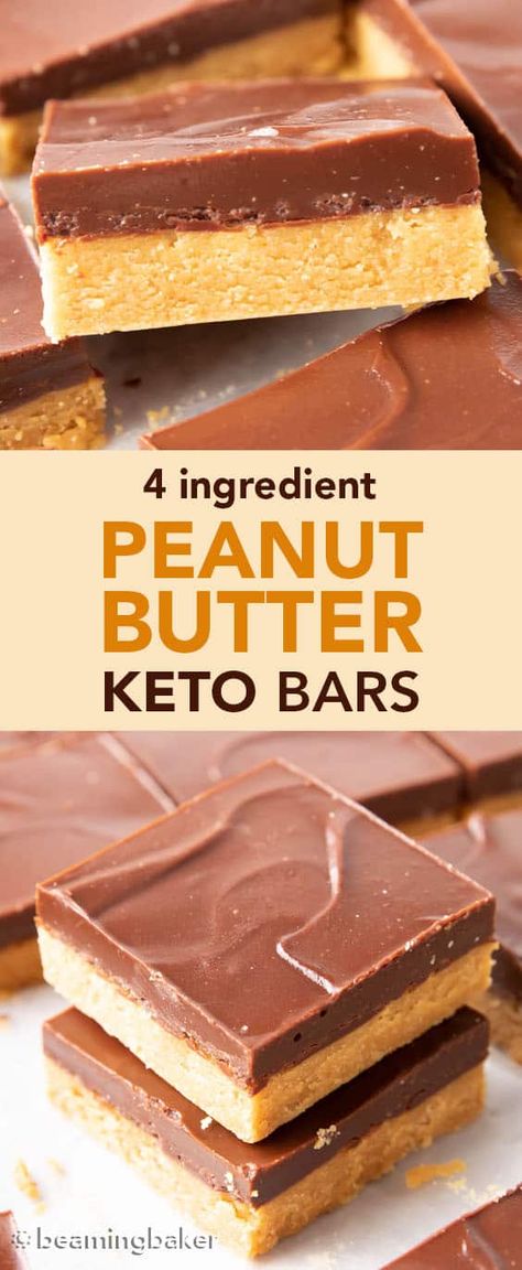 4 Ingredient Keto Peanut Butter Bars - Beaming Baker Keto Omg Bars Recipe, Keto Cookie Butter Recipes, Keto Bars Recipe No Bake, Peanut Buttercup Recipes, Keto Peanut Butter Chocolate Chip Bars, Keto Birthday Dessert Easy, Low Carb Chocolate Peanut Butter, Keto Pb Cups, Keto Peanut Butter Bars No Bake