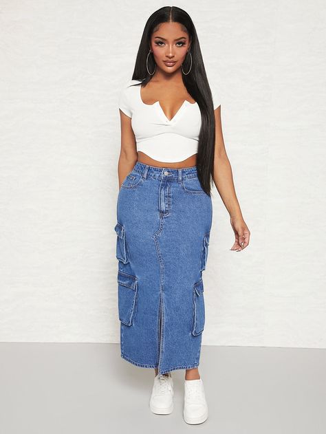 Medium Wash  Collar  Denim Plain Straight Embellished Non-Stretch Summer Women Denim Long Jean Skirts Outfit, Jupe Jeans Outfit, Long Jeans Skirt Outfit, Long Jean Skirt Outfits, Bold Fashion Outfits, Cargo Styling, Long Jeans Skirt, Cargo Skirt Outfit, Diy Denim Skirt